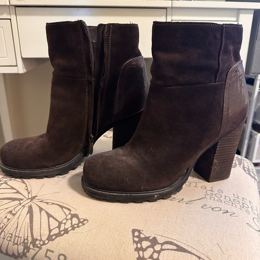 Sam Edelman Suede Ankle Boots – Brown Block Heel Lug Sole (US 9.5 / EU 41)